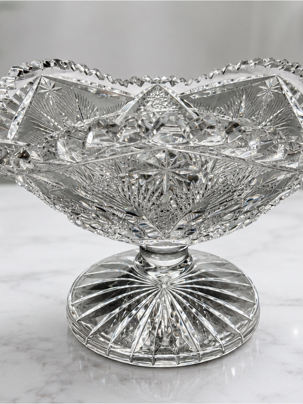 Vintage Heavy Cut Crystal Pedestal Compote Bowl Starburst Fan Pattern